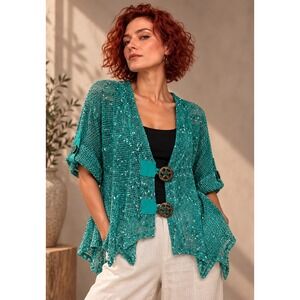 Dalin L Teal Mesh Jacket Sequin Button Closure Textured Boho Evening